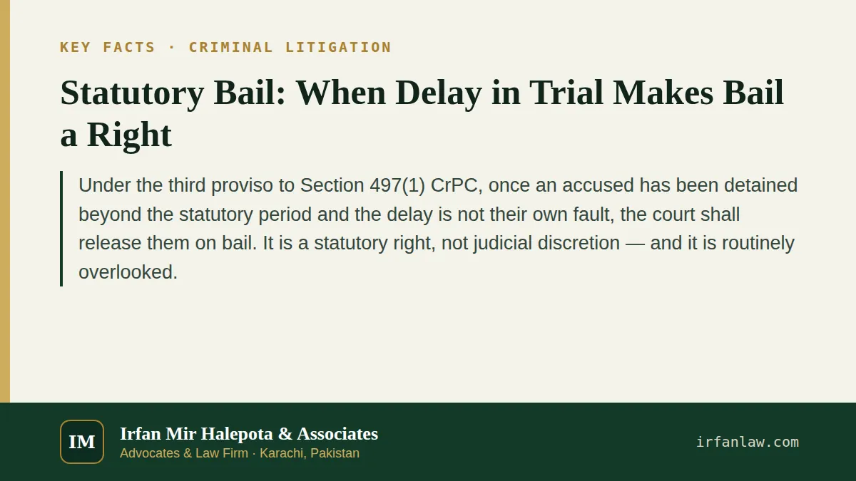 Key facts on Statutory Bail: When Delay in Trial Makes Bail a Right: Under the third proviso to Section 497(1) CrPC, once an accused has been detained beyond the statutory period and the delay is not…