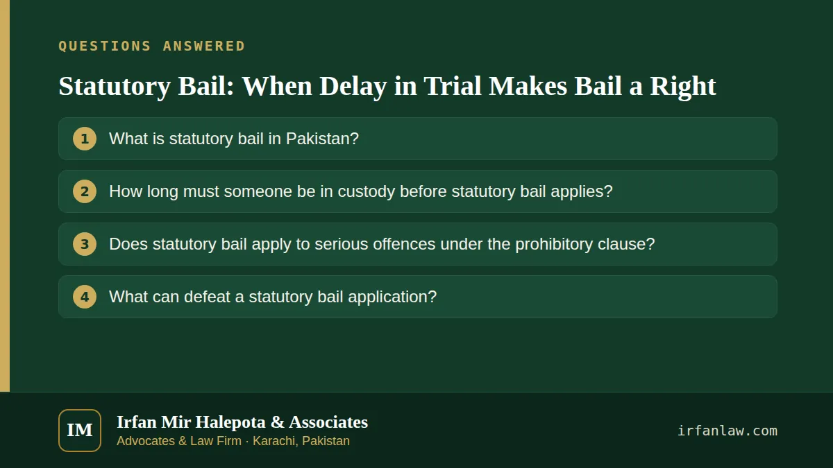 Statutory Bail: When Delay in Trial Makes Bail a Right: questions answered on this page — What is statutory bail in Pakistan?; How long must someone be in custody before statutory bail applies?; Does statutory bail…
